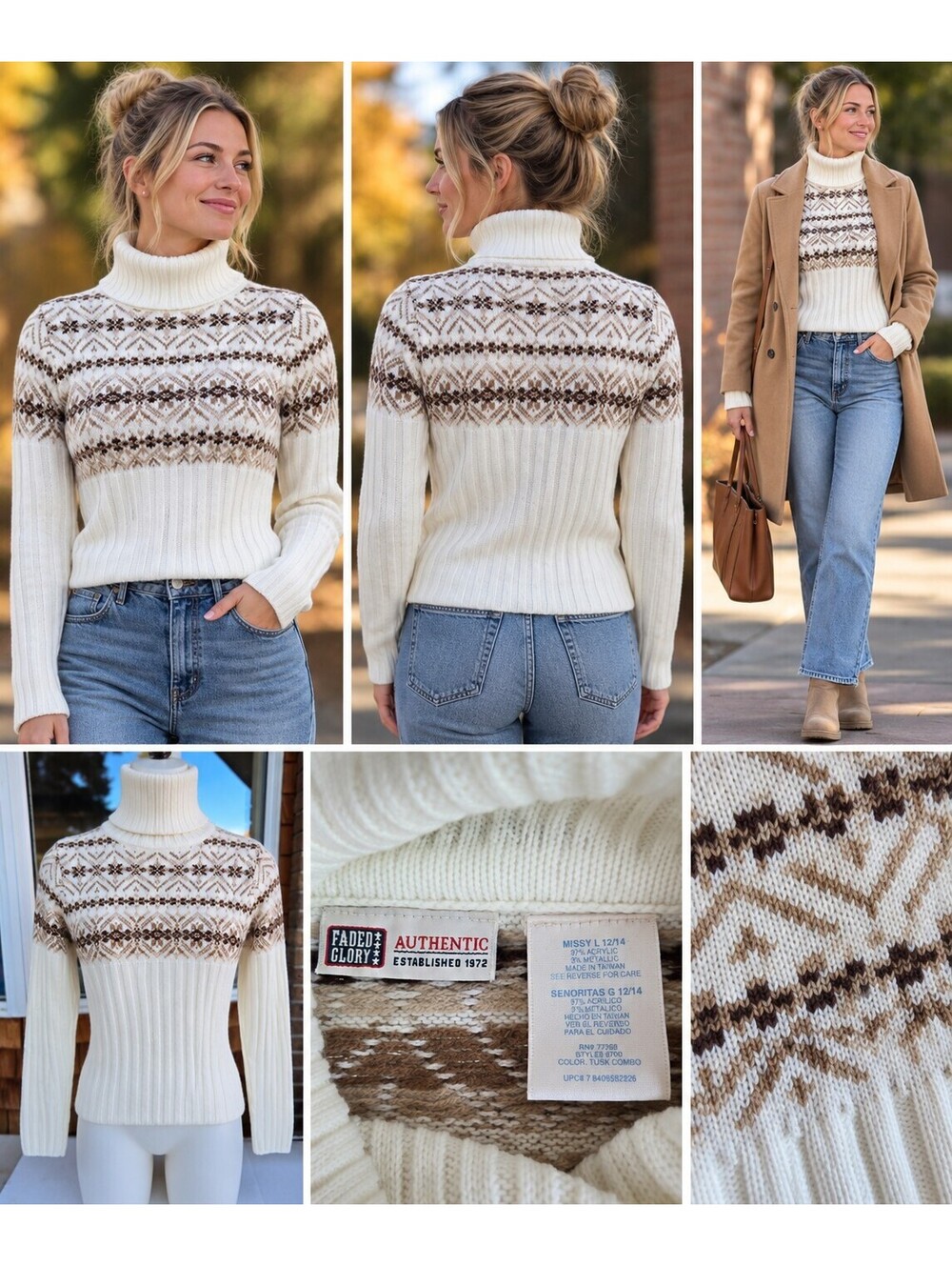 Faded Glory Fair Isle Turtleneck Sweater Women’s Large 12/14 Ivory Nordic